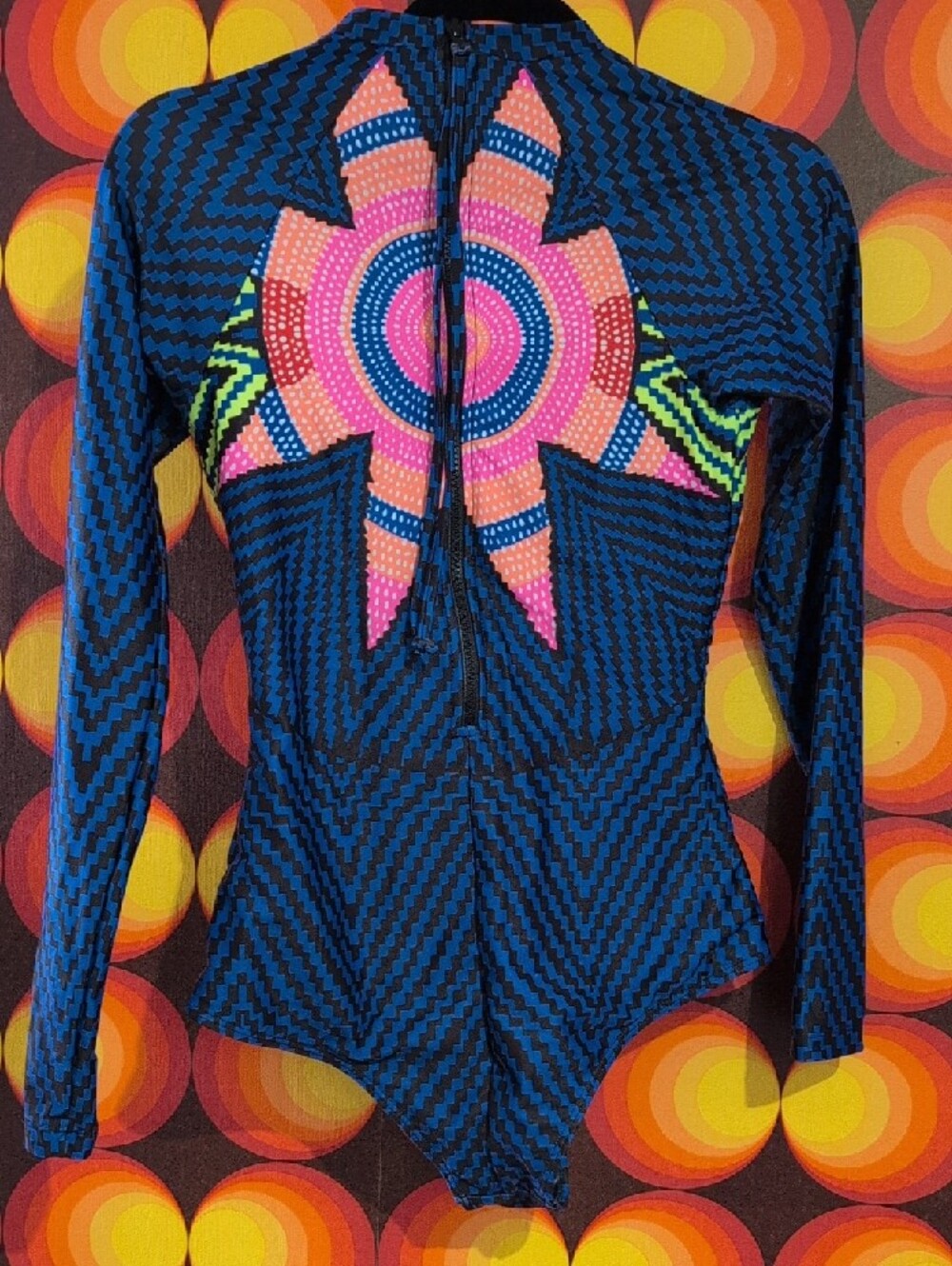 Mara Hoffman Blue Geometric Long-Sleeve One-Piece with Neon Starburst - Picture 6 of 6